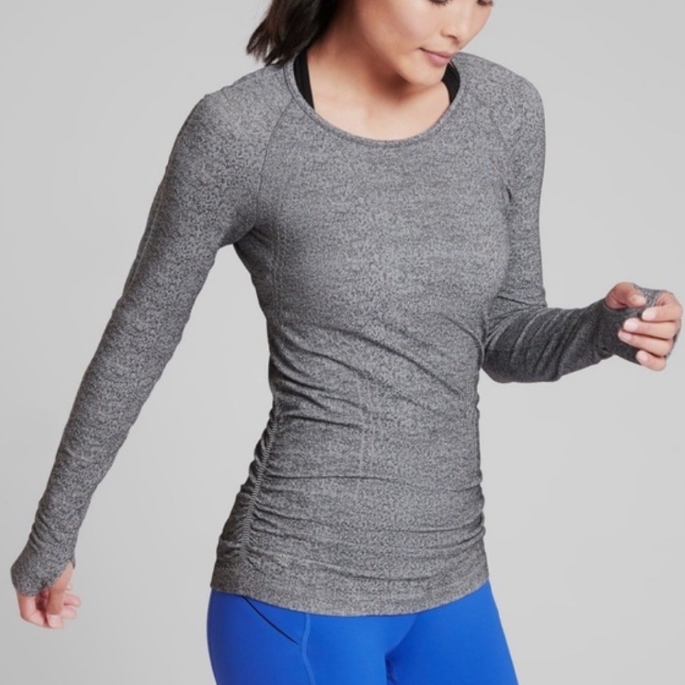 Athleta Speedlight Long Sleeve Shirt Top Womens Large Gray Heather Ruched